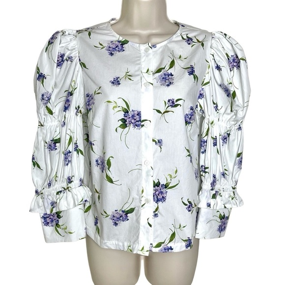 Les Reveries Elizabeth Shirt In Lavender Hydrangea White M Puff Sleeves Prairie - Picture 2 of 11